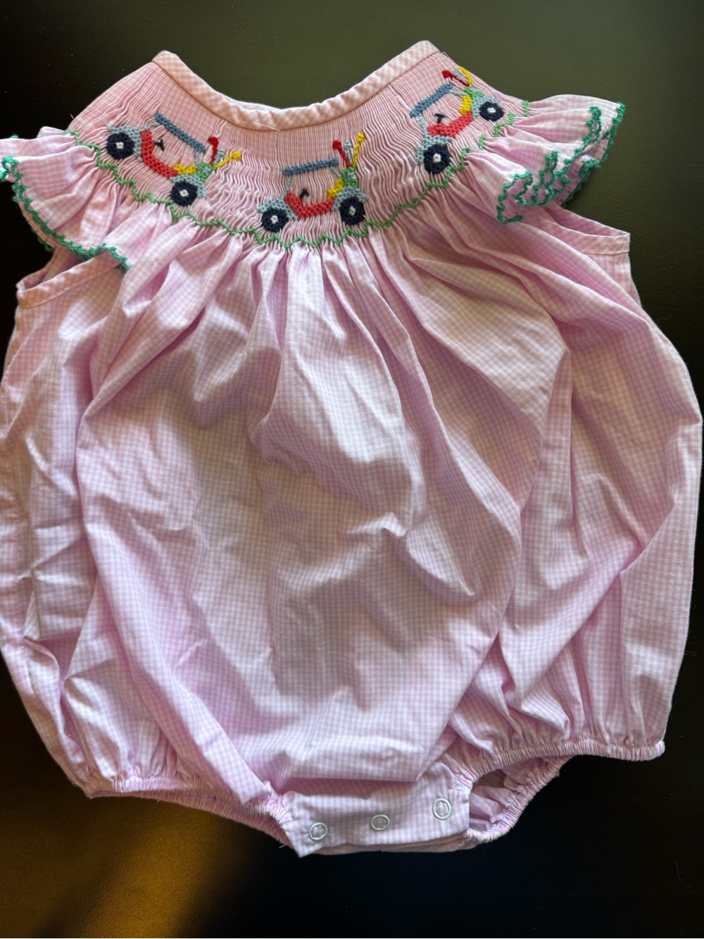 Stitchy Fish- Gingham Pink Golf Bubble Romper 6-12 mo